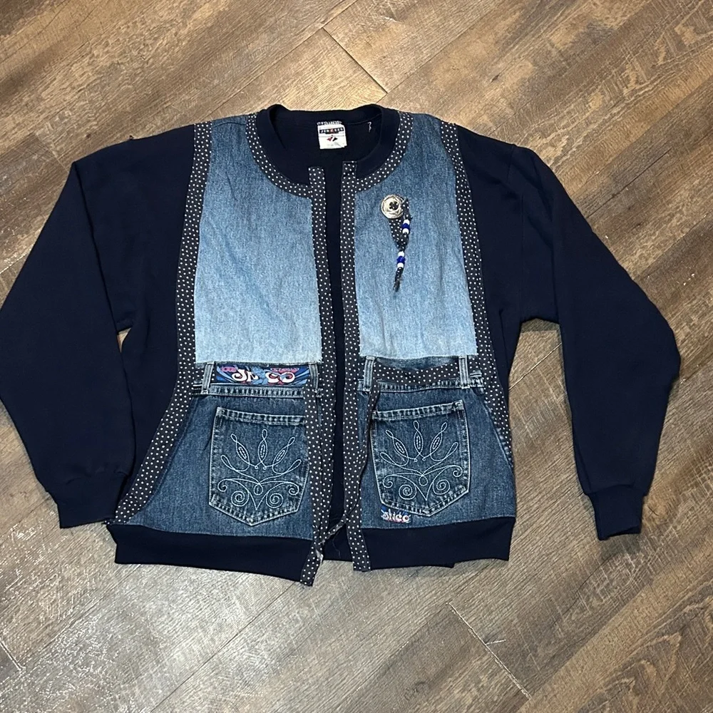 Vintage Sweatshirt Womens Large Blue‎ Jacket Up cycle Jnco Denim DIY Made In USA